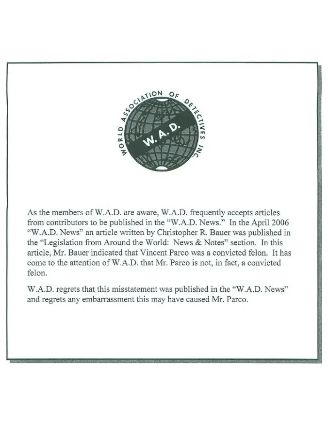 World Association of Detectives April 2006 corrected publication cover
